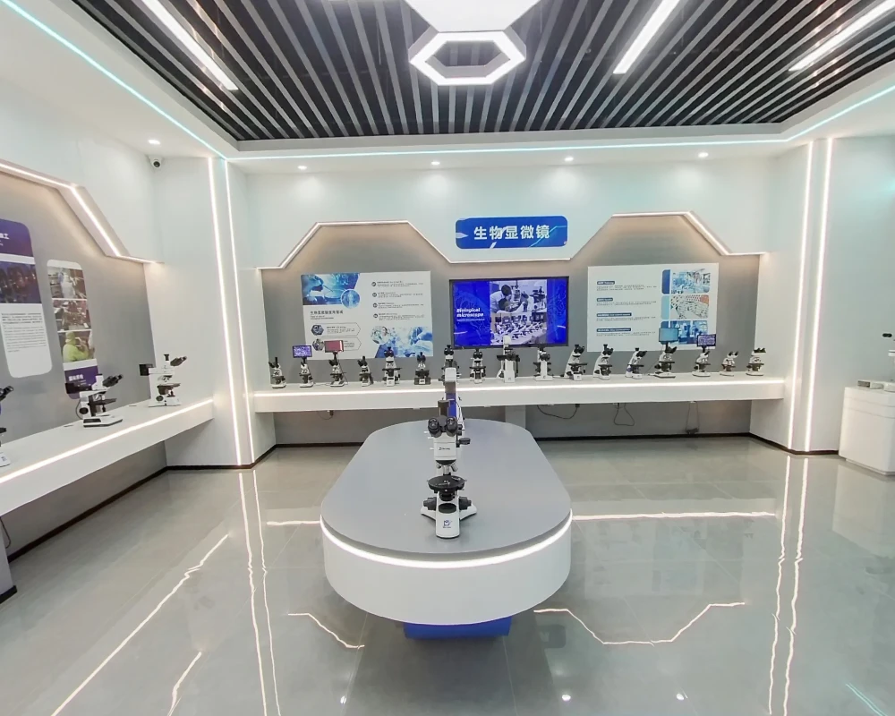 Murzider biological microscope showroom with multiple laboratory microscopes for research and education use