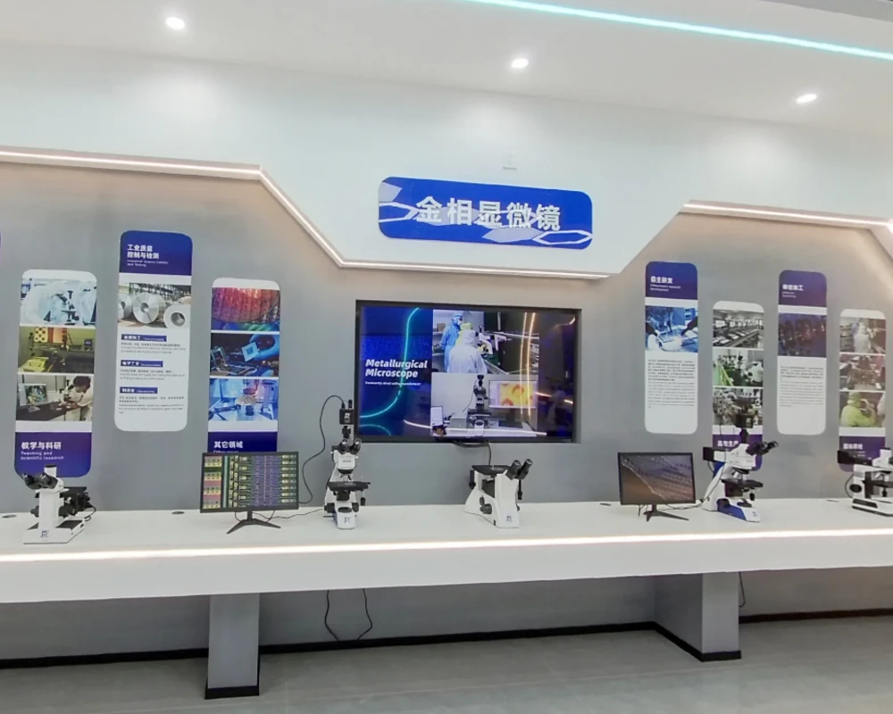 Murzider metallurgical microscope showroom displaying industrial inspection solutions and precision analysis equipment