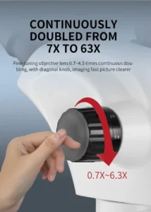 Precision focus adjustment knob on stereo fluorescence microscope