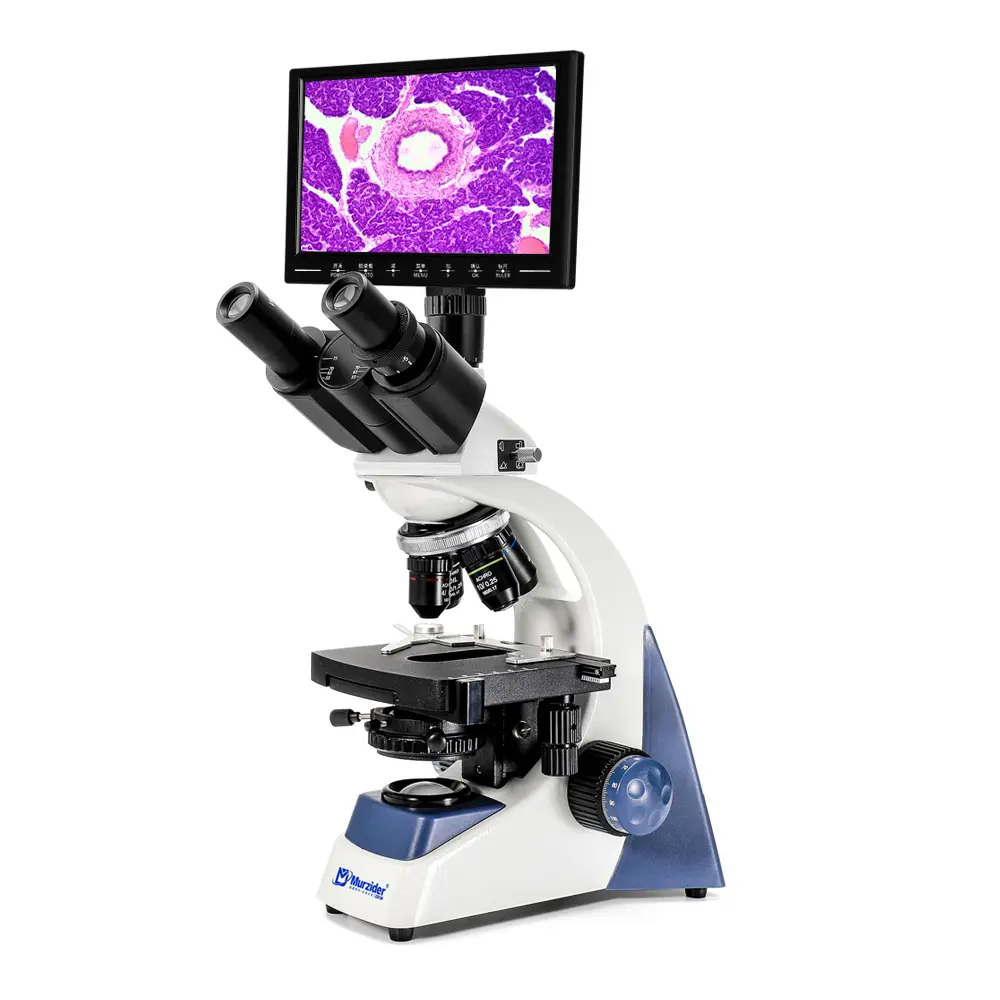 MSD105 trinocular microscope with 7-inch LCD screen front view
