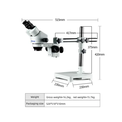 murzider-msd203-b-stereo-microscope-dimensions Dimensions of Murzider MSD203-B articulating stereo microscope with single arm stand