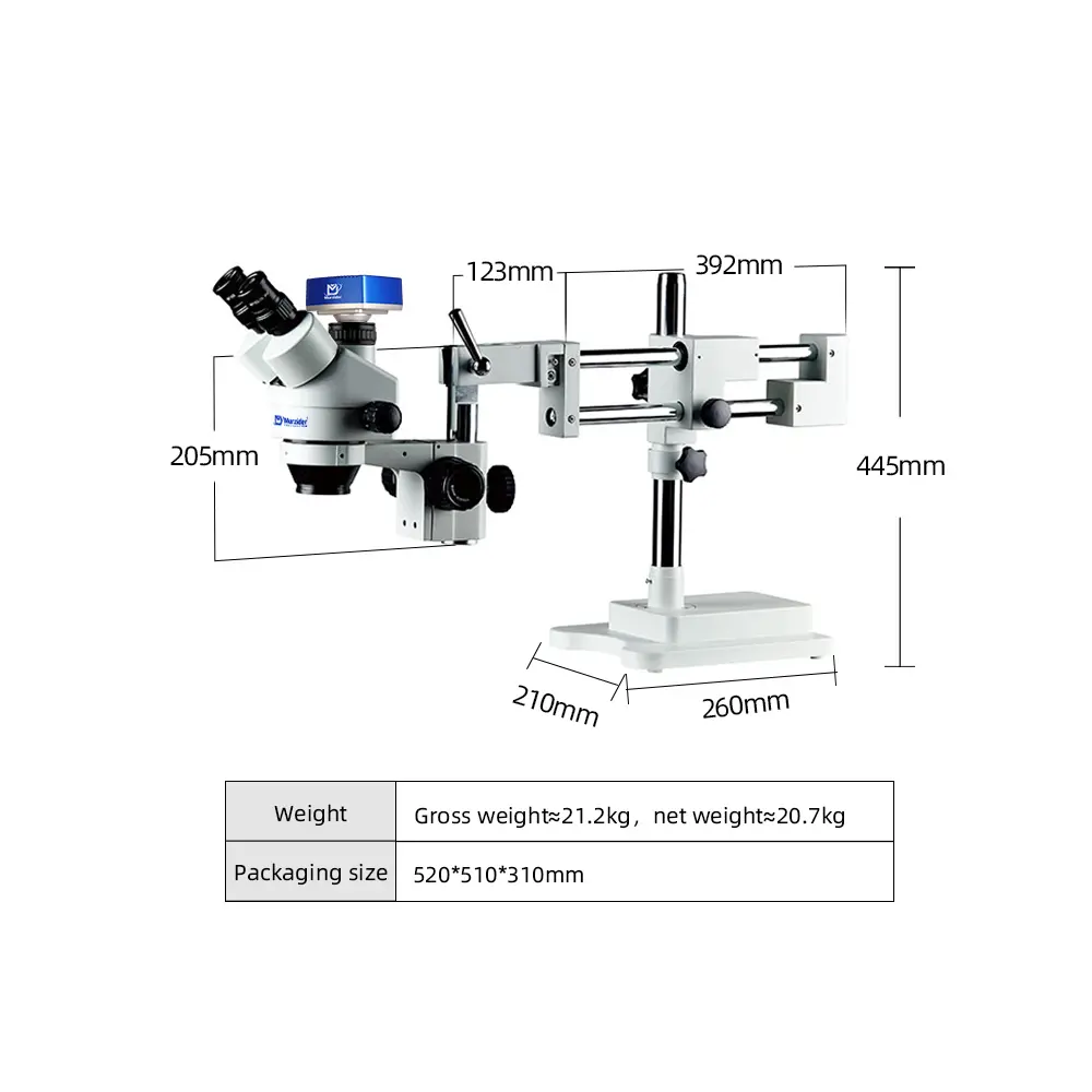 Dimensions of Murzider MSD203-T-4K double arm zoom stereo microscope for material analysis and quality control