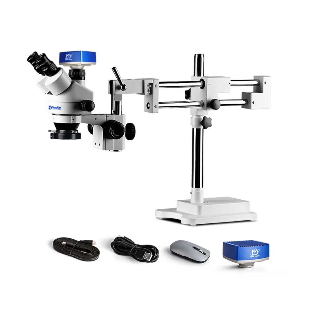Murzider MSD203-T-4K trinocular stereo microscope with blue 4K camera and double arm zoom stand for industrial inspection