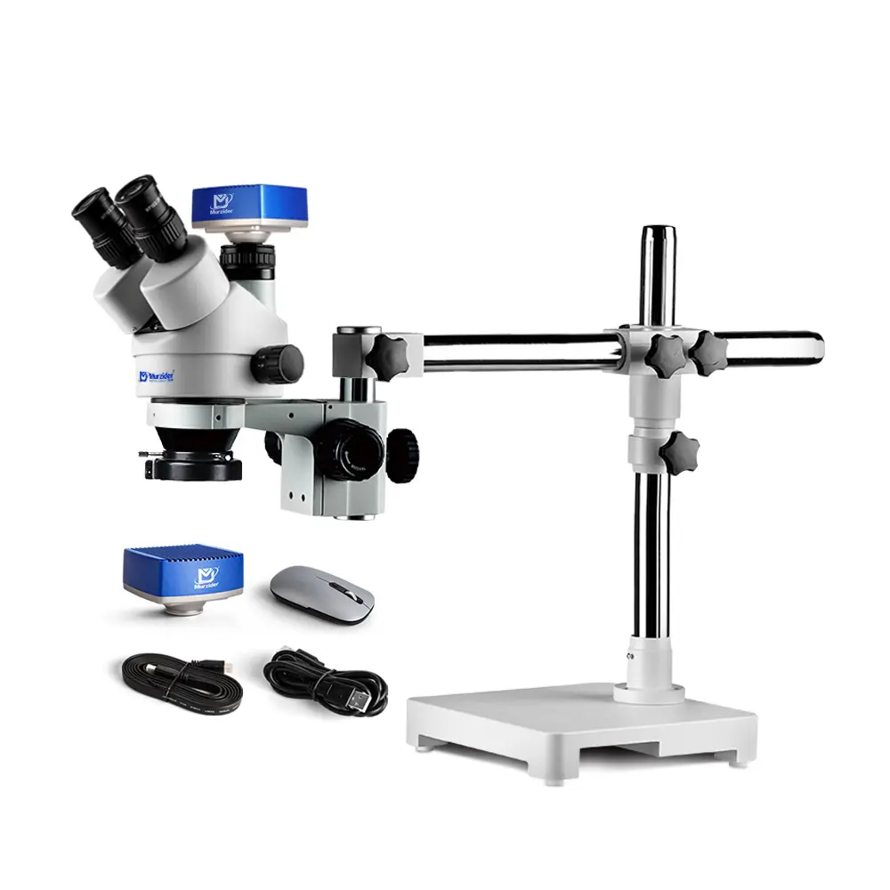 Murzider MSD203-T-4K trinocular stereo microscope with 4K camera and articulating arm stand