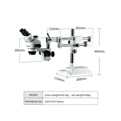murzider-msd204-b-stereo-microscope-dimensions Dimensions of Murzider MSD204-B dual arm stereo microscope with articulating stand