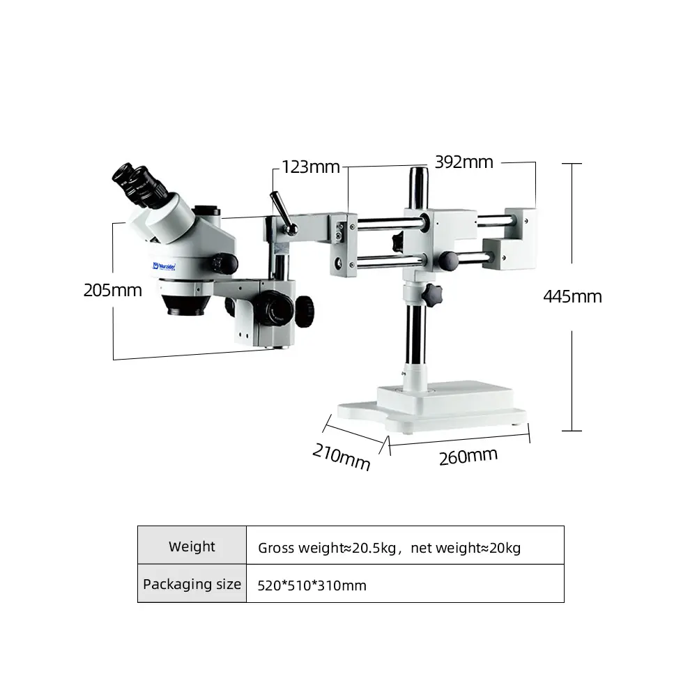 Dimensions of Murzider MSD204-B dual arm stereo microscope with articulating stand