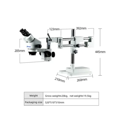 Dimensions of Murzider MSD204-B double arm stereo microscope with articulating stand
