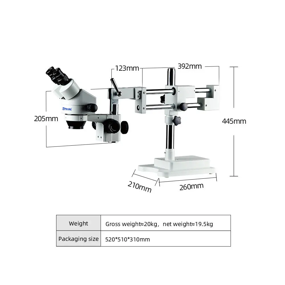 Dimensions of Murzider MSD204-B double arm stereo microscope with articulating stand