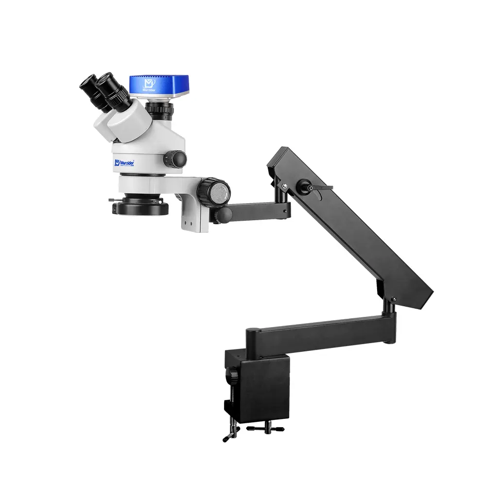 Murzider MSD205-A-4K trinocular stereo microscope with blue 4K camera and clamp mount arm for inspection