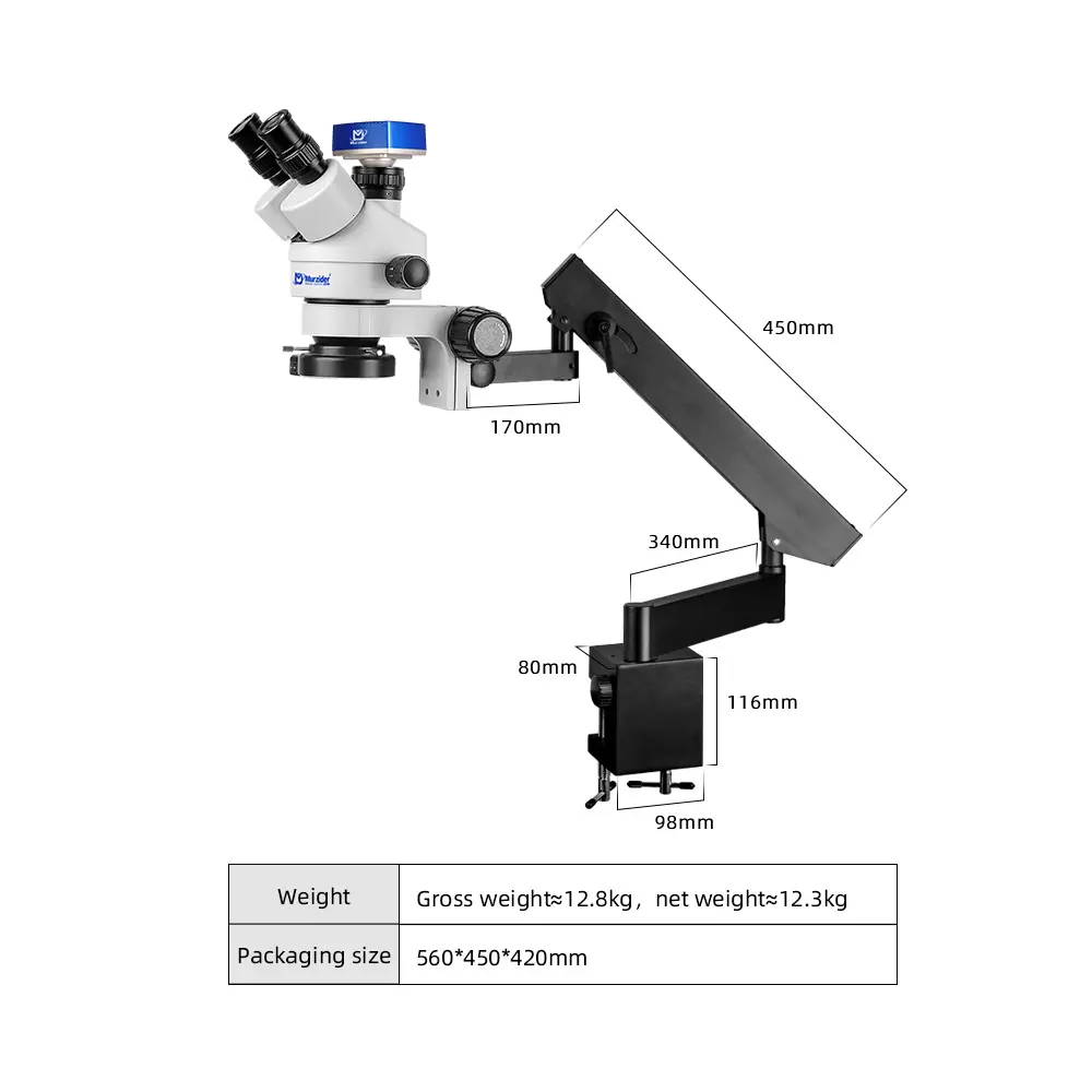 Dimensions of Murzider MSD205-A-4K inspection microscope with clamp arm structure