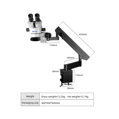 murzider-msd205-a-stereo-microscope-dimensions Dimensions of Murzider MSD205-A clamp arm stereo microscope for workstation use