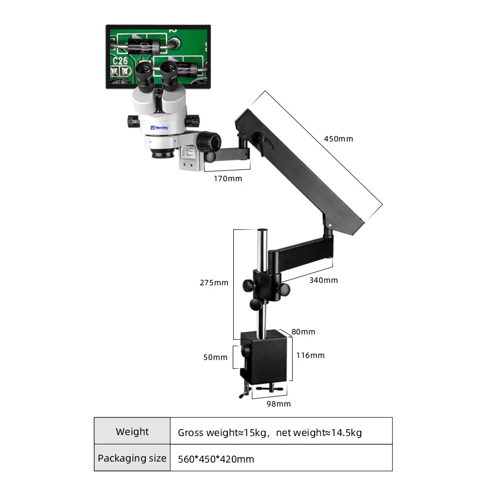 Dimensions of Murzider MSD205-B rocker arm stereo microscope with integrated display
