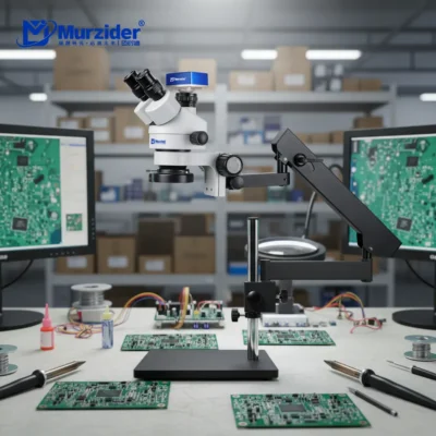 Front view of Murzider MSD205-C-4K table base microscope for quality control and laboratory use