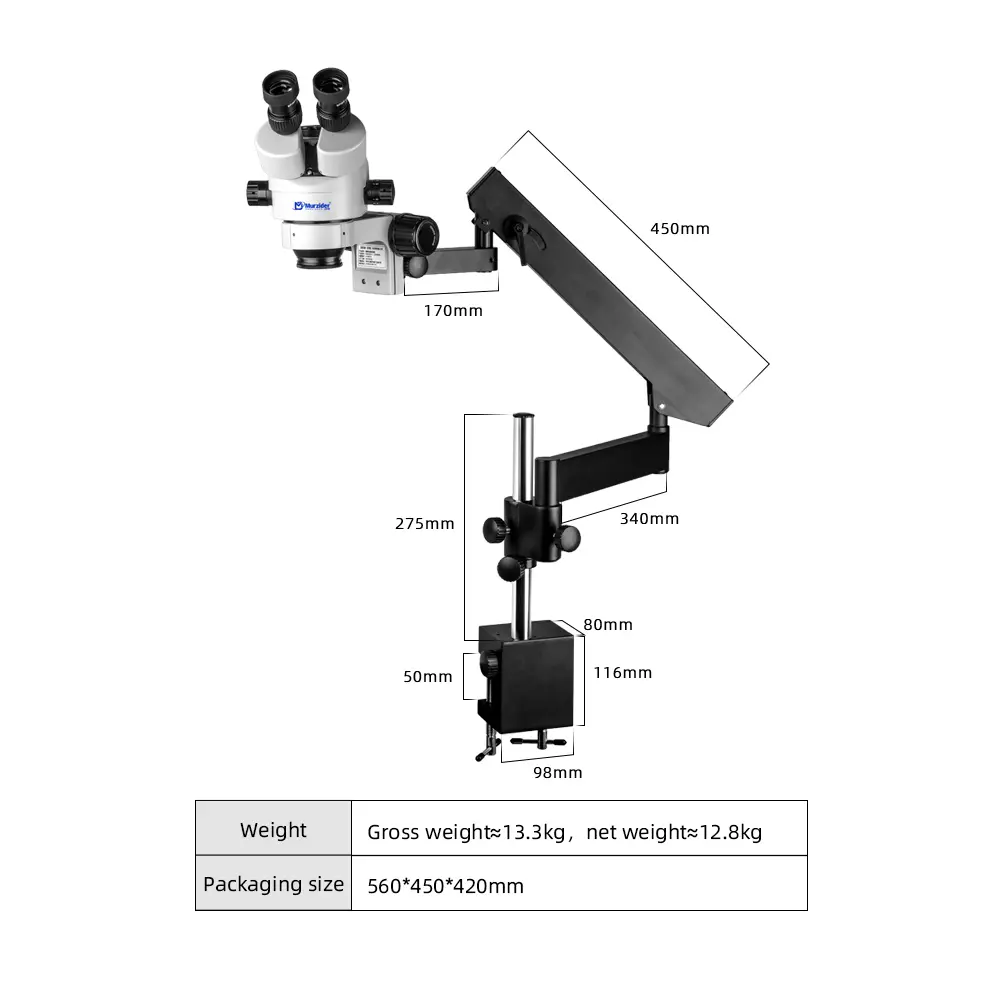 Dimensions of Murzider MSD205-T-B swing arm stereo microscope with clamp mount stand