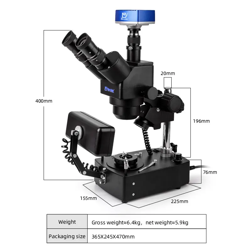Dimensions of Murzider MSD210-4K stereo microscope 6.7–45X for jewelry inspection