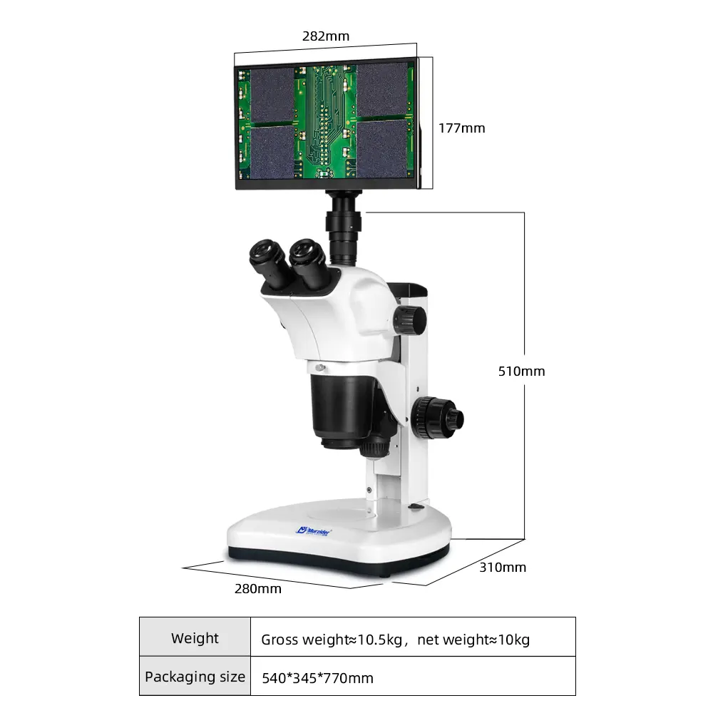 Dimensions of Murzider MSD9224-11.6YT stereo microscope with continuous zoom and display system
