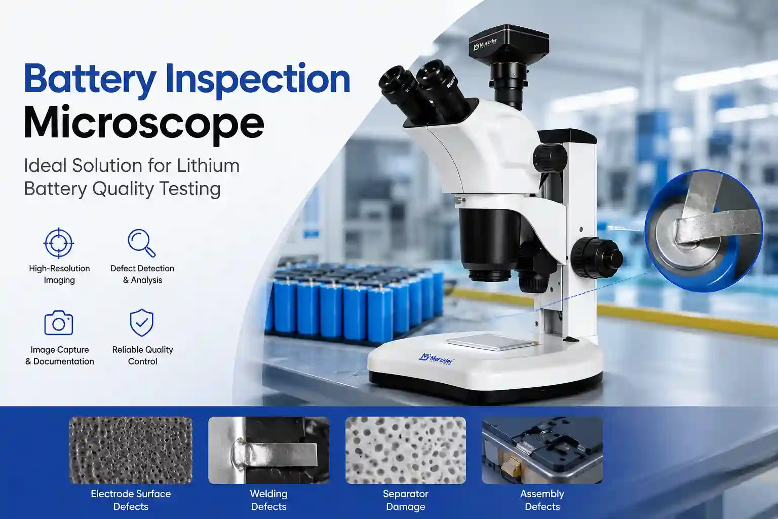Battery inspection microscope for lithium battery quality testing and defect detection