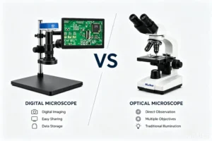 Digital microscope vs optical microscope comparison showing key differences in magnification, resolution, and application use cases