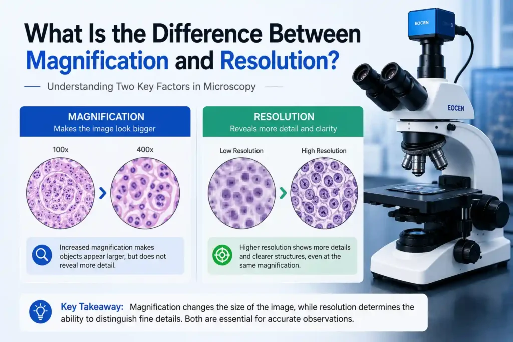 Magnification vs resolution comparison showing microscope image quality and detail clarity