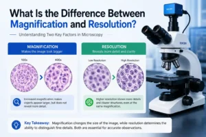 Magnification vs resolution comparison showing microscope image quality and detail clarity