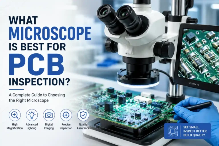 Microscope for PCB inspection used to analyze solder joints, electronic components, and circuit board quality