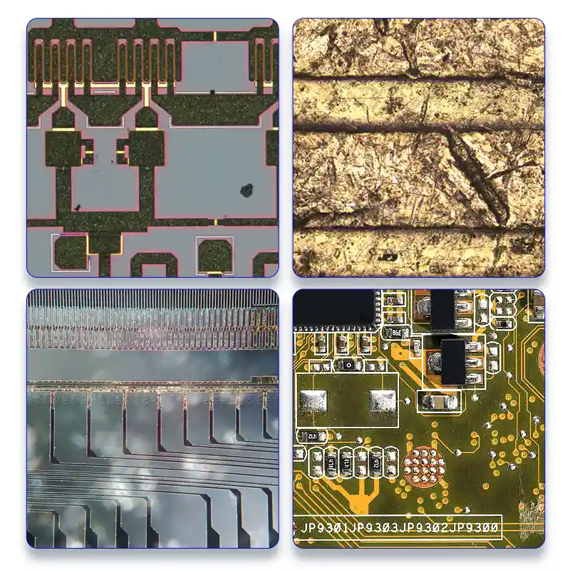 PCB solder joints and electronic components viewed under an inspection microscope