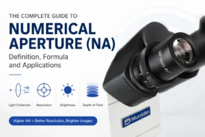 What is Numerical Aperture (NA) in microscopy showing NA formula, light cone angle, and objective lens performance