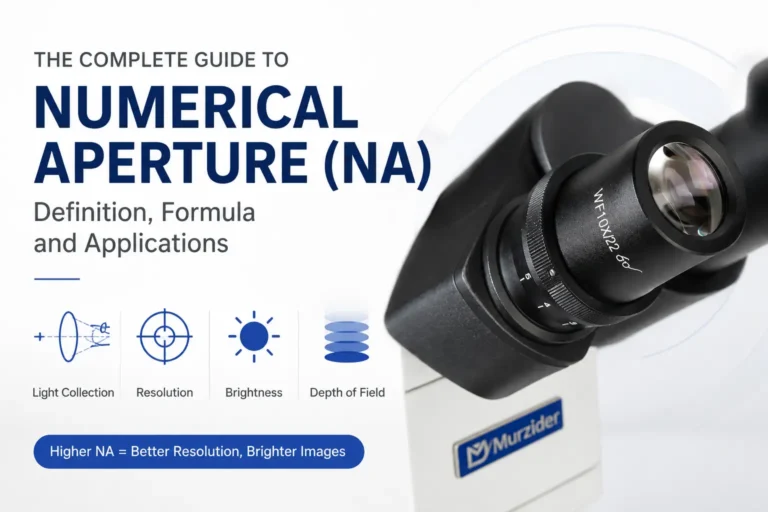 What is Numerical Aperture (NA) in microscopy showing NA formula, light cone angle, and objective lens performance