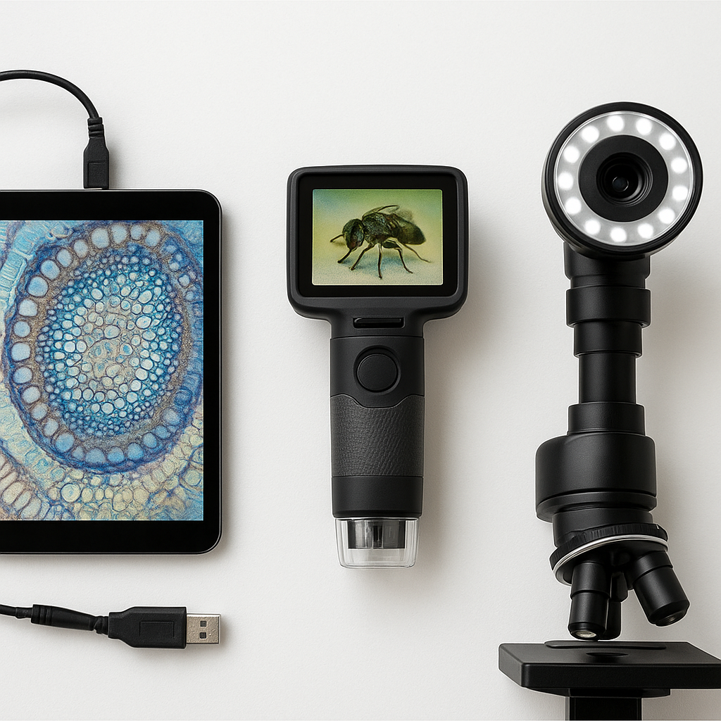Comparison of different microscope camera types for children including USB, handheld, and screen models